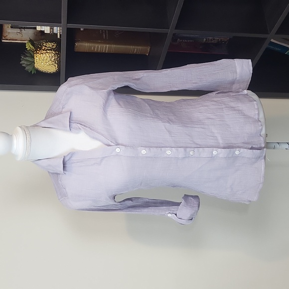 CHICO'S Purple Sheer Crinkle V-neck Roll-Tab Back Peplum Blouse - Picture 1 of 13
